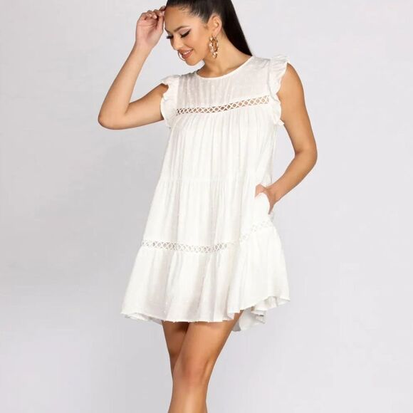 NWT Aakaa White Sleeveless Flutter Swiss Dot Baby doll Mini Sundress w/Pockets S - Picture 1 of 16